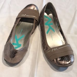Anne Klein Sport Metallic Taupe Snake-Print Ballet Flats with Elastic Strap